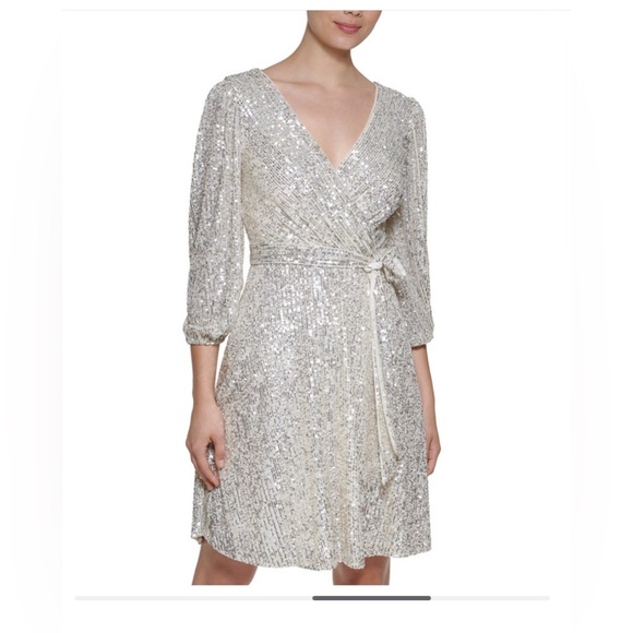 DKNY Sequin Faux-Wrap Dress - Picture 3 of 9